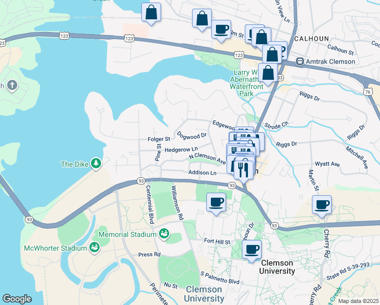 map of restaurants, bars, coffee shops, grocery stores, and more near 220 North Clemson Avenue in Clemson