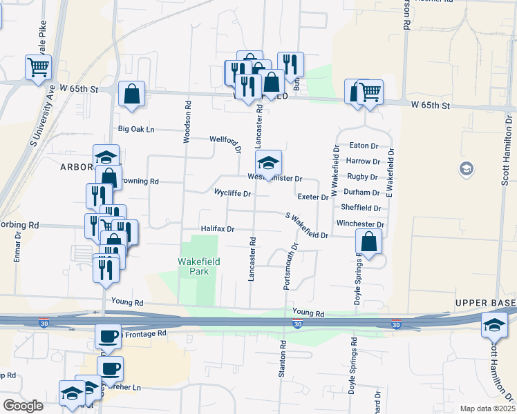 map of restaurants, bars, coffee shops, grocery stores, and more near 70 South Wakefield Drive in Little Rock