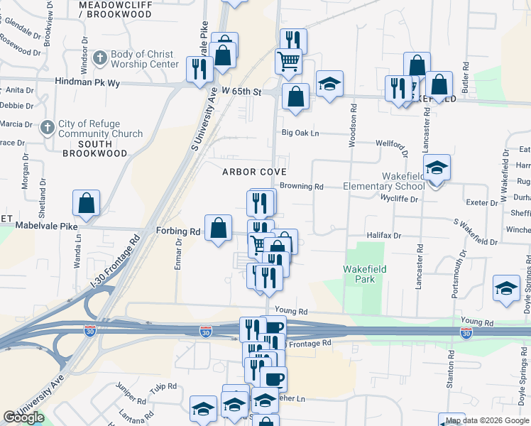 map of restaurants, bars, coffee shops, grocery stores, and more near 6014 Forbing Road in Little Rock