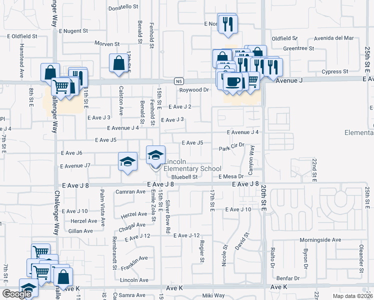 map of restaurants, bars, coffee shops, grocery stores, and more near 44123 Sundance Court in Lancaster