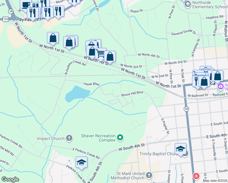 map of restaurants, bars, coffee shops, grocery stores, and more near 602 Bruce Hill Boulevard in Seneca