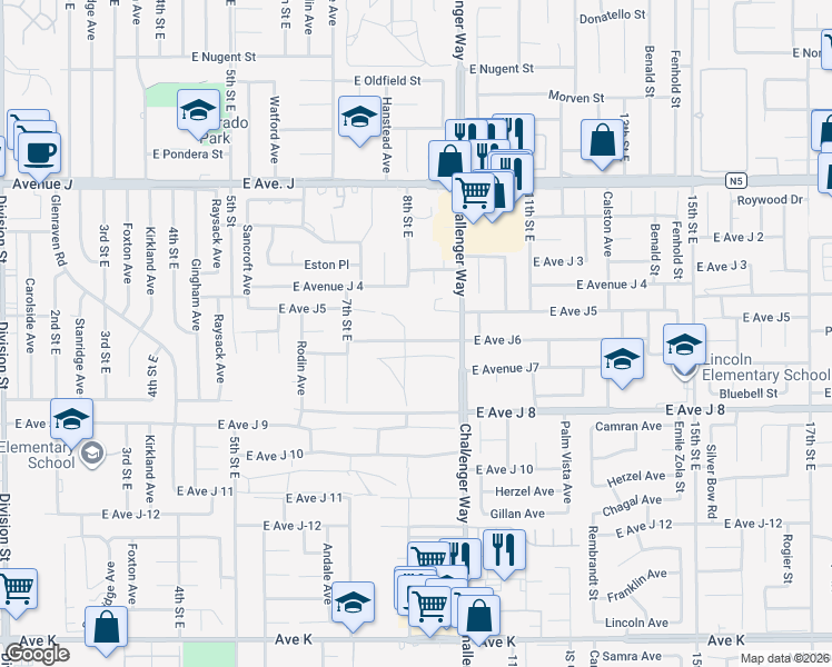 map of restaurants, bars, coffee shops, grocery stores, and more near 811 East Avenue J6 in Lancaster