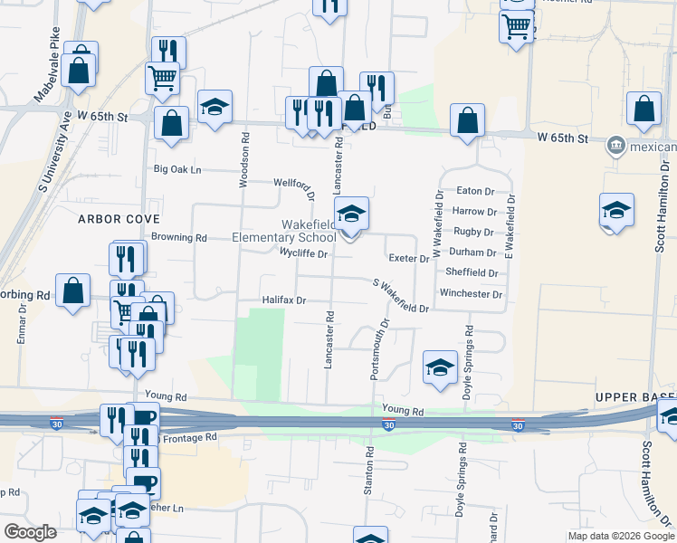 map of restaurants, bars, coffee shops, grocery stores, and more near 70 South Wakefield Drive in Little Rock