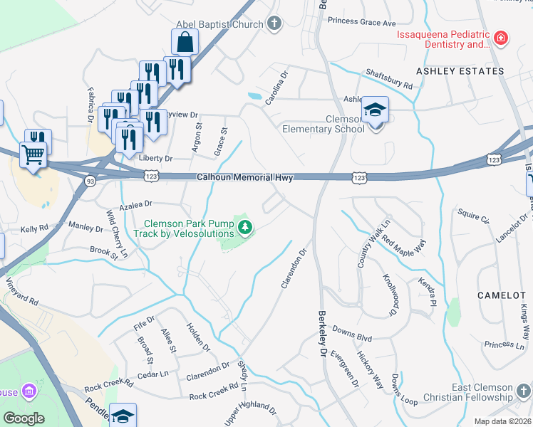 map of restaurants, bars, coffee shops, grocery stores, and more near 15 Dove Circle in Clemson