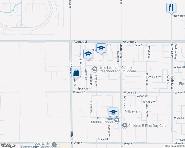 map of restaurants, bars, coffee shops, grocery stores, and more near 44122 Catsue Place in Lancaster