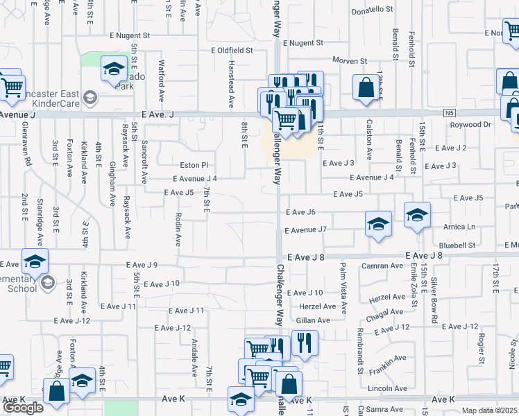 map of restaurants, bars, coffee shops, grocery stores, and more near 829 East Avenue J6 in Lancaster