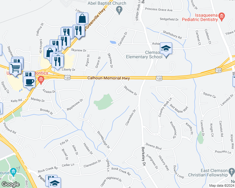 map of restaurants, bars, coffee shops, grocery stores, and more near 14 Dove Circle in Clemson