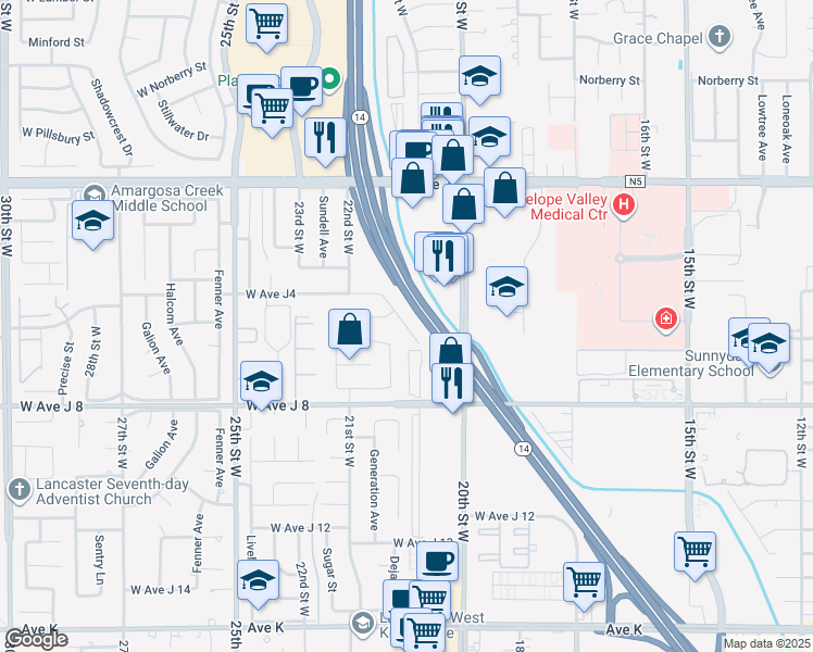map of restaurants, bars, coffee shops, grocery stores, and more near Georgia Court in Lancaster