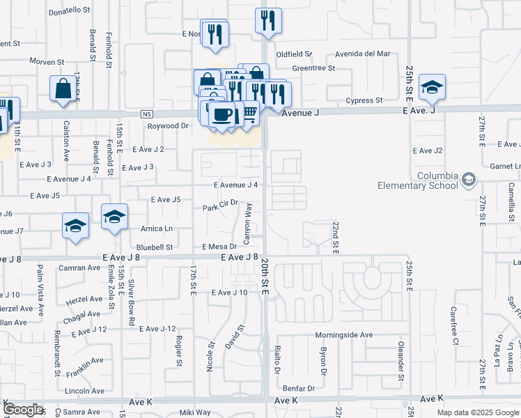 map of restaurants, bars, coffee shops, grocery stores, and more near 1852 Horizon Lane in Lancaster