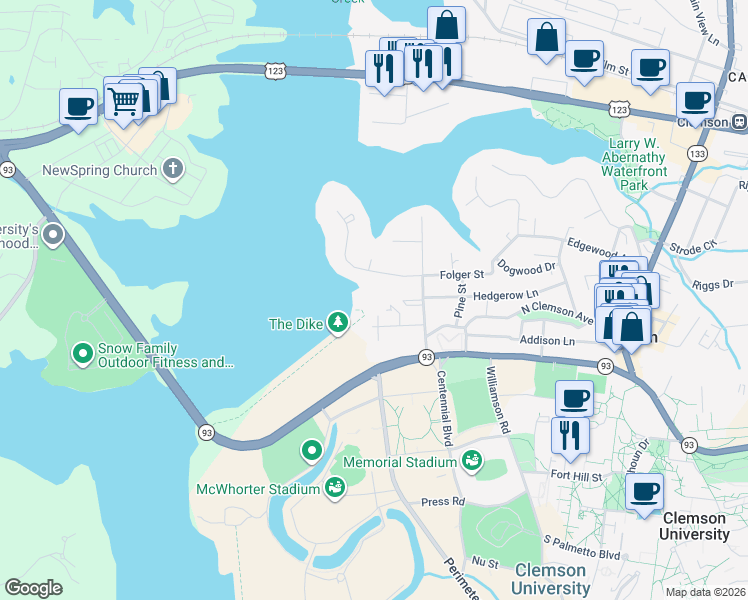 map of restaurants, bars, coffee shops, grocery stores, and more near 119 Houston Street in Clemson
