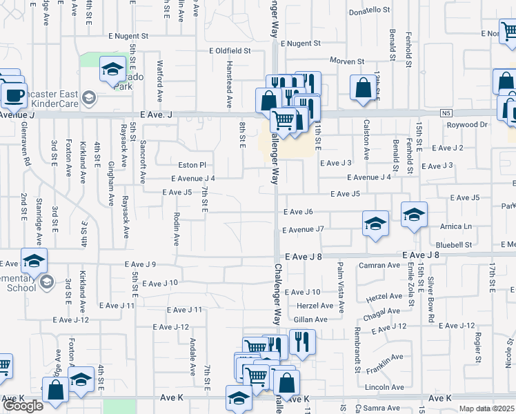 map of restaurants, bars, coffee shops, grocery stores, and more near 829 East Avenue J6 in Lancaster