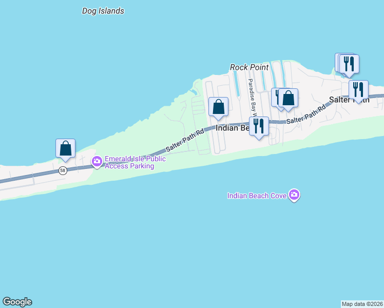 map of restaurants, bars, coffee shops, grocery stores, and more near 1701 Salter Path Road in Salter Path
