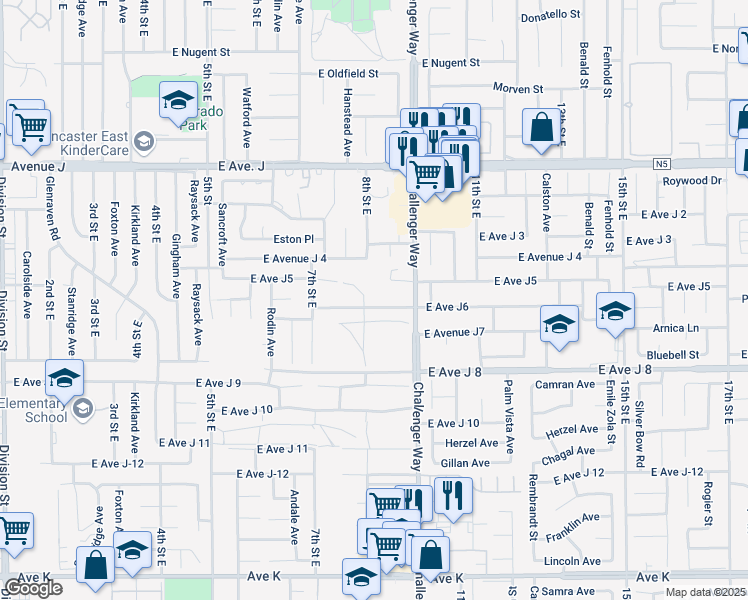 map of restaurants, bars, coffee shops, grocery stores, and more near 811 East Avenue J6 in Lancaster