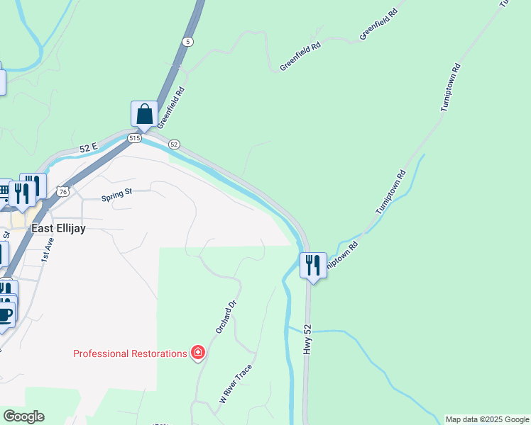 map of restaurants, bars, coffee shops, grocery stores, and more near 645 Riverside Drive in East Ellijay
