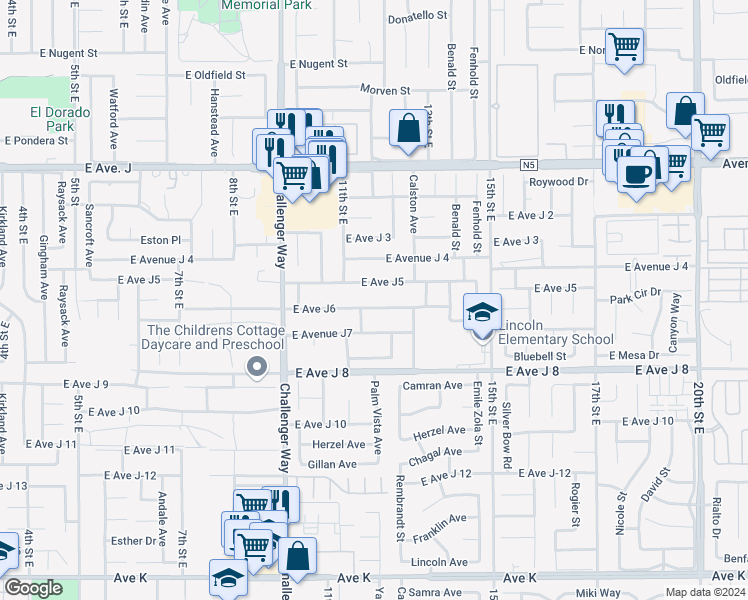 map of restaurants, bars, coffee shops, grocery stores, and more near 1145 East Avenue J6 in Lancaster