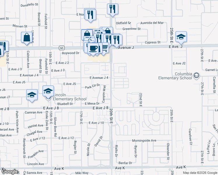 map of restaurants, bars, coffee shops, grocery stores, and more near 1853 Horizon Lane in Lancaster