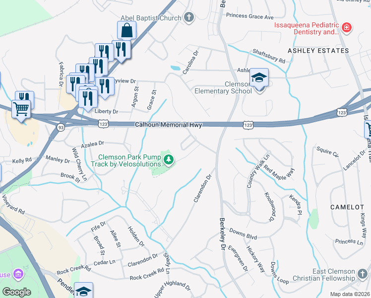 map of restaurants, bars, coffee shops, grocery stores, and more near 18 Dove Circle in Clemson
