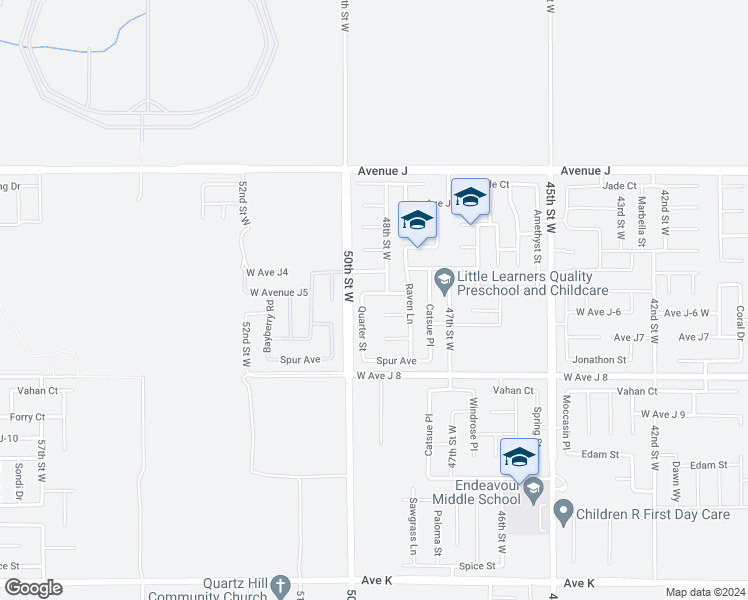 map of restaurants, bars, coffee shops, grocery stores, and more near 4804 West Avenue J5 in Lancaster