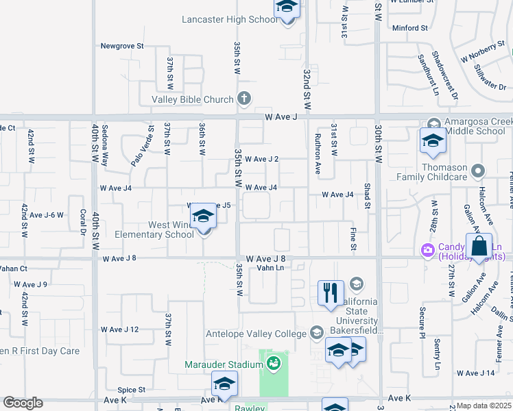 map of restaurants, bars, coffee shops, grocery stores, and more near 3341 West Avenue J 6 in Lancaster