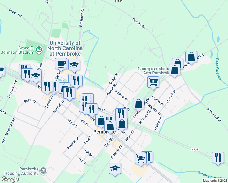 map of restaurants, bars, coffee shops, grocery stores, and more near 308 1st Street in Pembroke