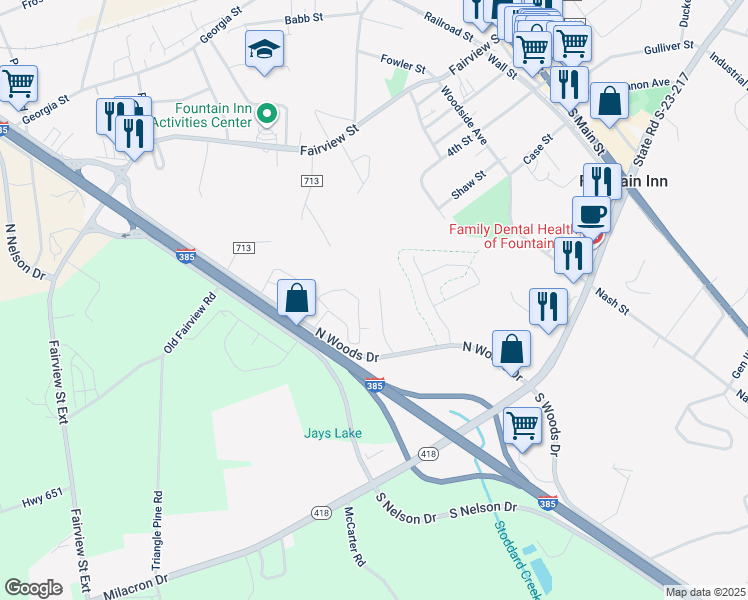 map of restaurants, bars, coffee shops, grocery stores, and more near 125 North Woods Drive in Fountain Inn