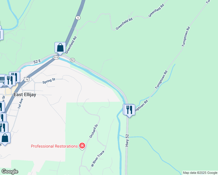 map of restaurants, bars, coffee shops, grocery stores, and more near 645 Riverside Drive in East Ellijay