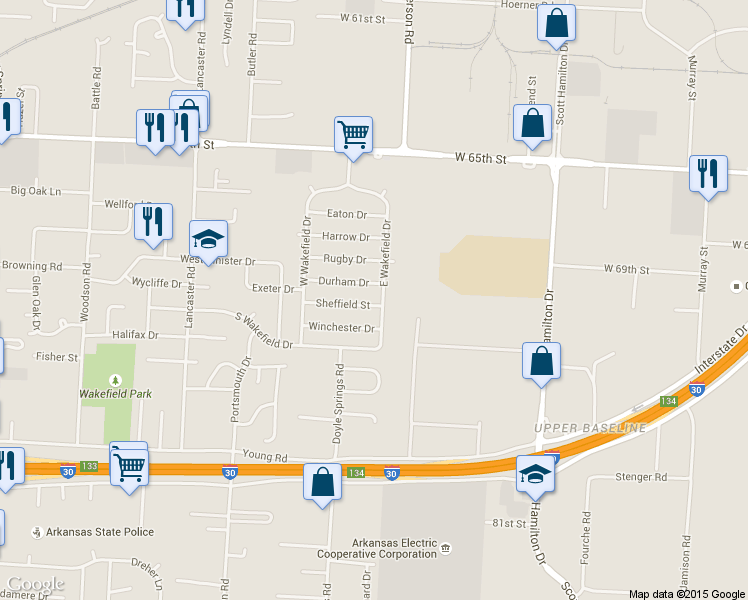map of restaurants, bars, coffee shops, grocery stores, and more near 3 Sheffield Street in Little Rock