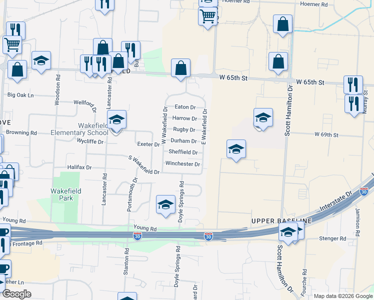 map of restaurants, bars, coffee shops, grocery stores, and more near 19 Sheffield Street in Little Rock