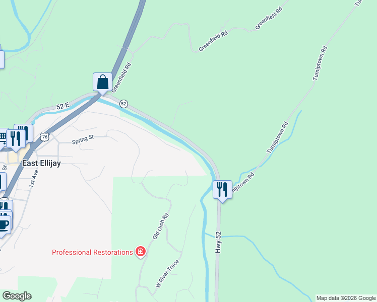 map of restaurants, bars, coffee shops, grocery stores, and more near 645 Riverside Drive in East Ellijay