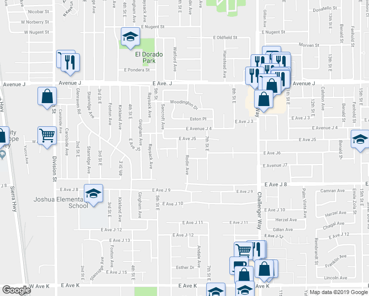map of restaurants, bars, coffee shops, grocery stores, and more near 44125 Rodin Avenue in Lancaster