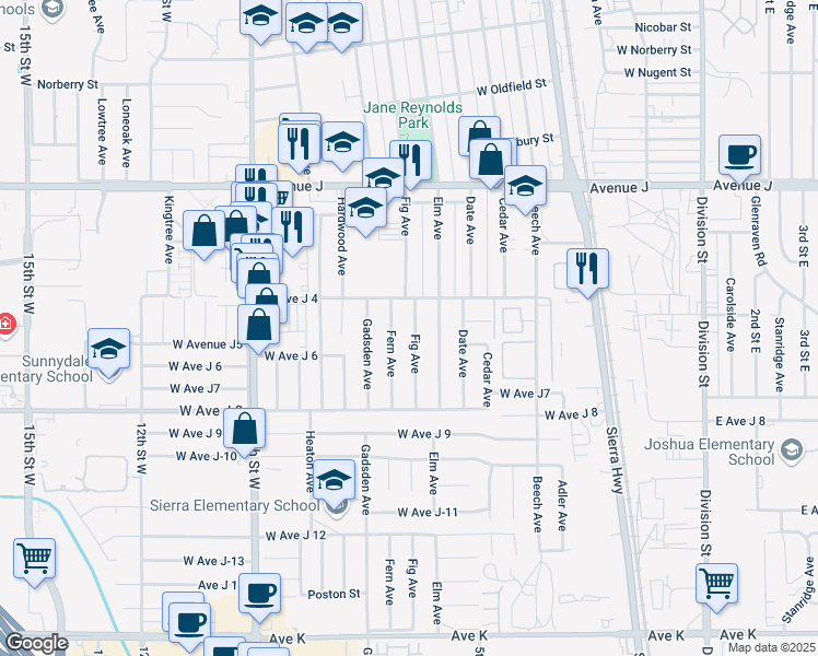 map of restaurants, bars, coffee shops, grocery stores, and more near 44131 Fig Avenue in Lancaster
