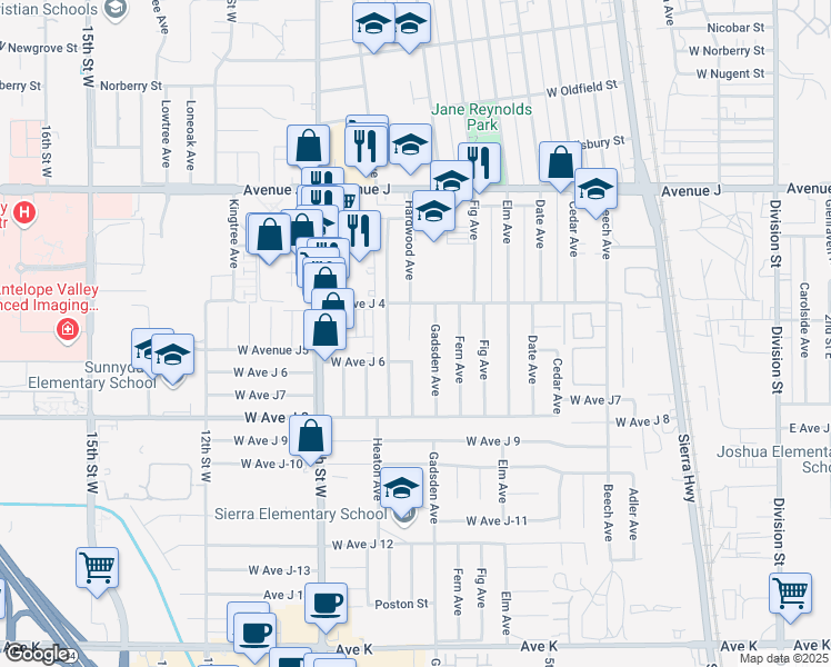 map of restaurants, bars, coffee shops, grocery stores, and more near 44130 Hardwood Avenue in Lancaster
