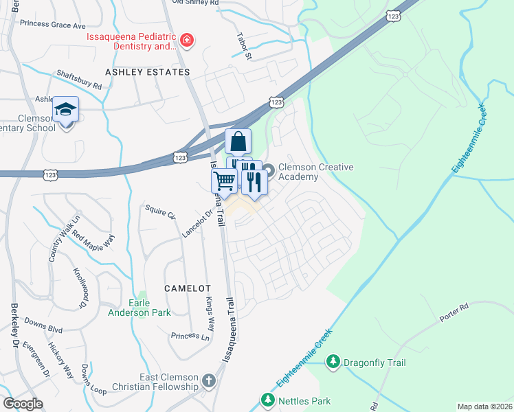 map of restaurants, bars, coffee shops, grocery stores, and more near 160 Thomas Green Boulevard in Clemson