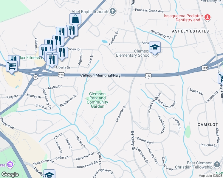 map of restaurants, bars, coffee shops, grocery stores, and more near 21 Dove Circle in Clemson