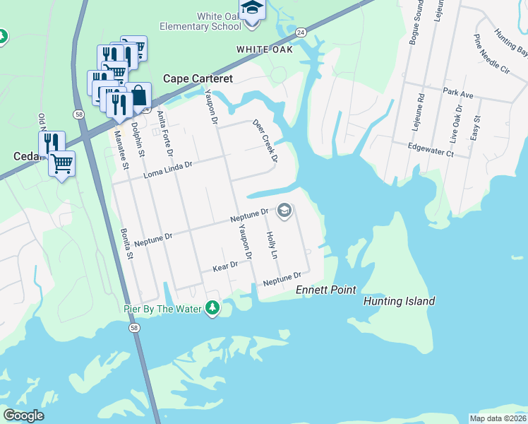 map of restaurants, bars, coffee shops, grocery stores, and more near 502 Neptune Drive in Cape Carteret