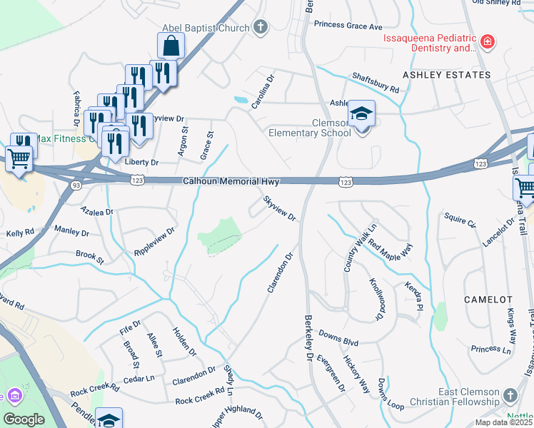map of restaurants, bars, coffee shops, grocery stores, and more near 22 Dove Circle in Clemson