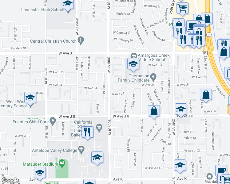 map of restaurants, bars, coffee shops, grocery stores, and more near 2919 West Avenue J4 in Lancaster