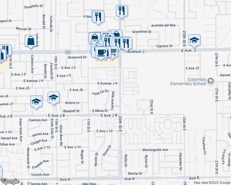 map of restaurants, bars, coffee shops, grocery stores, and more near 1846 Park Circle Drive in Lancaster