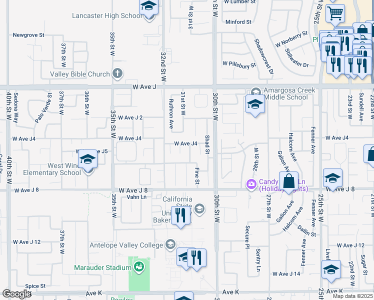 map of restaurants, bars, coffee shops, grocery stores, and more near 44137 31st Street West in Lancaster