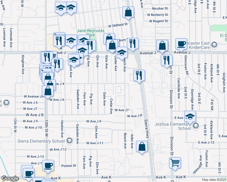 map of restaurants, bars, coffee shops, grocery stores, and more near 508 West Avenue J-4 in Lancaster