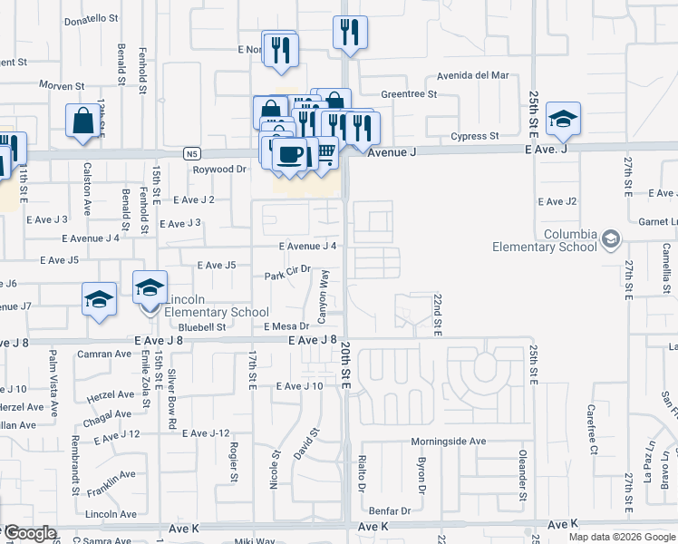 map of restaurants, bars, coffee shops, grocery stores, and more near 1858 Park Circle Drive in Lancaster