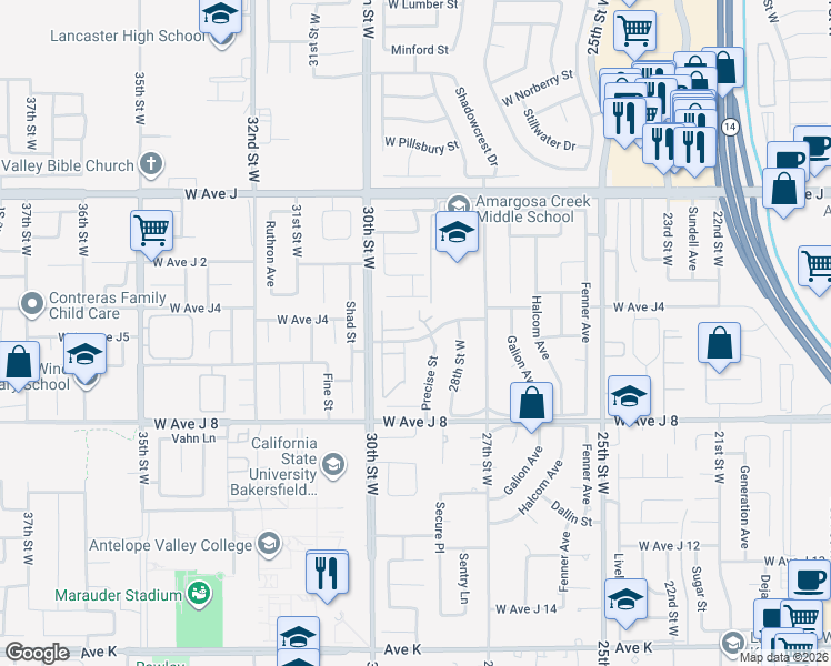map of restaurants, bars, coffee shops, grocery stores, and more near 2851 West Avenue J4 in Lancaster