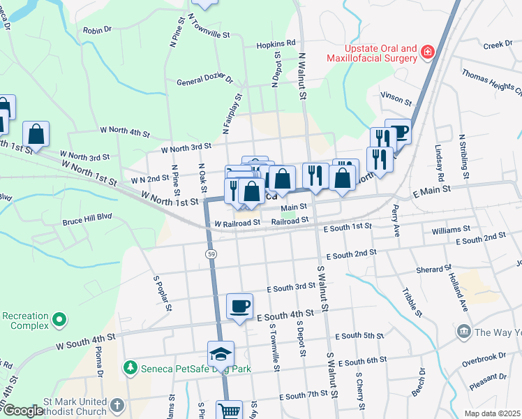 map of restaurants, bars, coffee shops, grocery stores, and more near 103 North Townville Street in Seneca