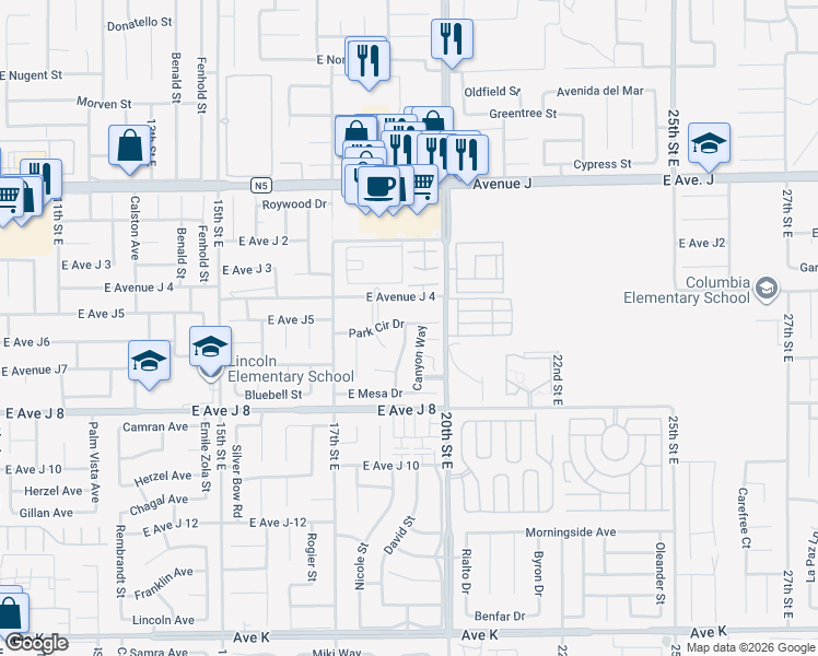 map of restaurants, bars, coffee shops, grocery stores, and more near 1822 Park Circle Drive in Lancaster