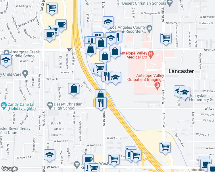 map of restaurants, bars, coffee shops, grocery stores, and more near 44140 20th Street West in Lancaster