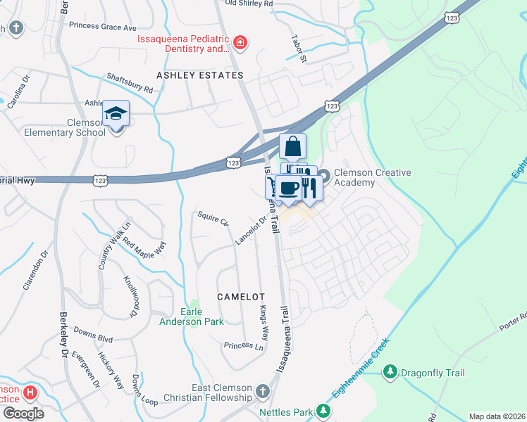 map of restaurants, bars, coffee shops, grocery stores, and more near 101 Lancelot Drive in Clemson