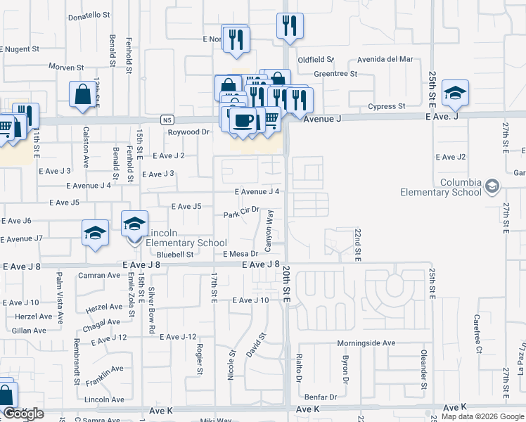 map of restaurants, bars, coffee shops, grocery stores, and more near 1822 Park Circle Drive in Lancaster