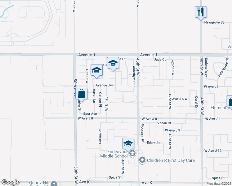 map of restaurants, bars, coffee shops, grocery stores, and more near 4624 West Avenue J5 in Lancaster