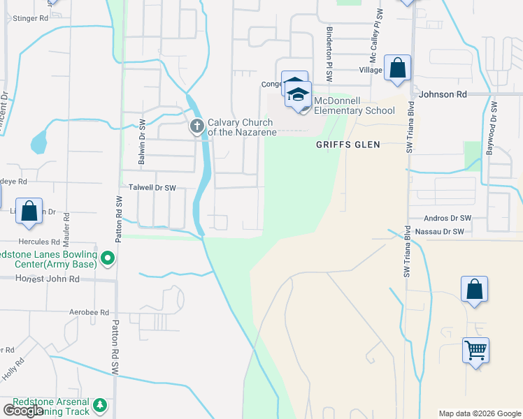 map of restaurants, bars, coffee shops, grocery stores, and more near 3715 Conger Road Southwest in Huntsville