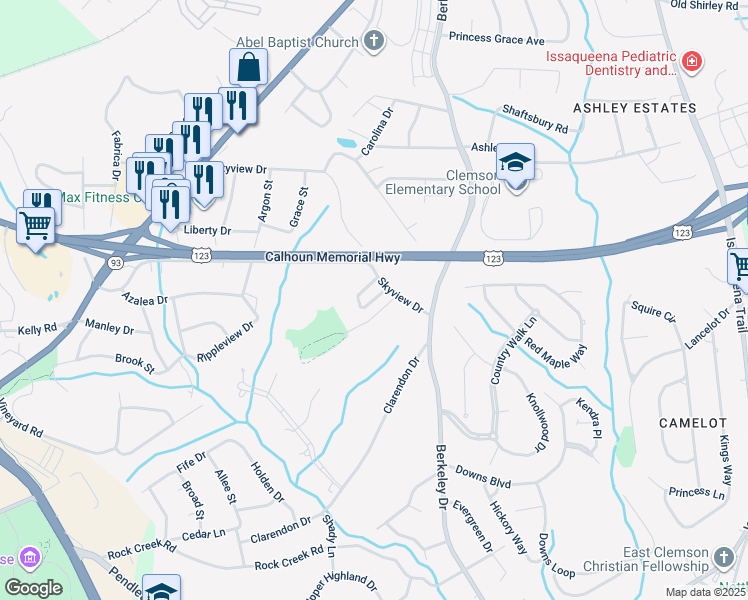 map of restaurants, bars, coffee shops, grocery stores, and more near Dove Circle in Clemson